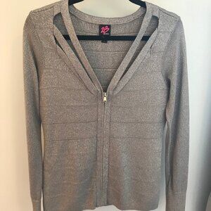 2B Bebe Large Grey shimmer Zip Front Sweater
